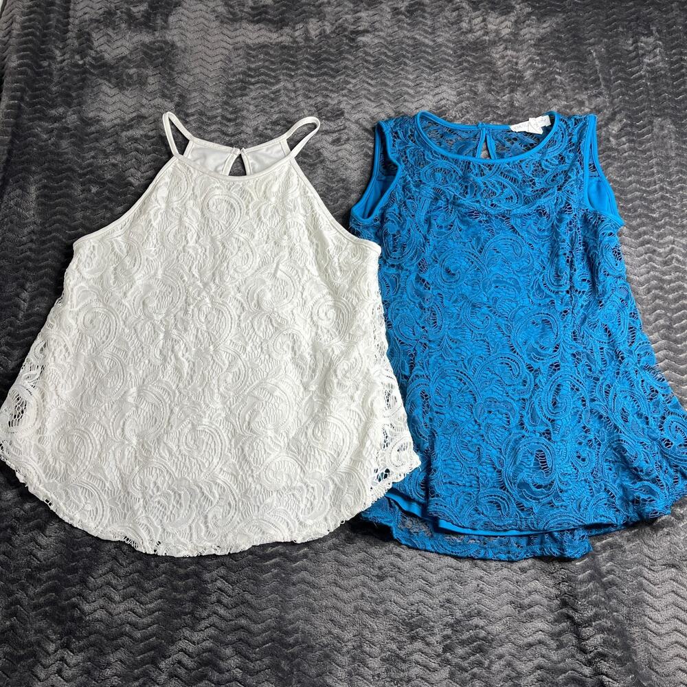 x2 Dress Womens Size L Sleeveless Blue/White Lined lace High Neck